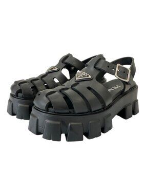 Prada Monolith Triangle Plate Rubber Sandals Black Spring Summer